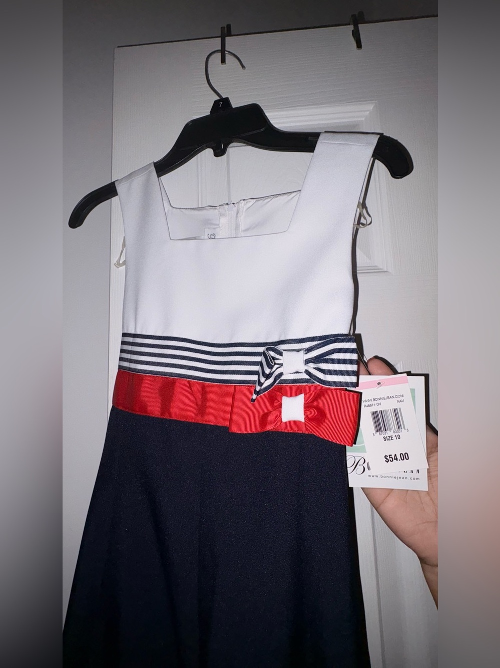 Girls' Navy, White & Red Striped Bow Dress
